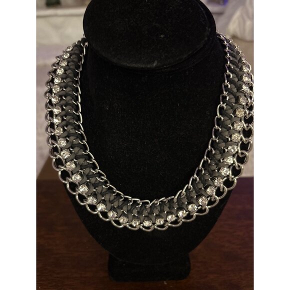 Chunky Silver Chain Necklace With Rhinestone & Black Suede Detailing - Picture 1 of 8